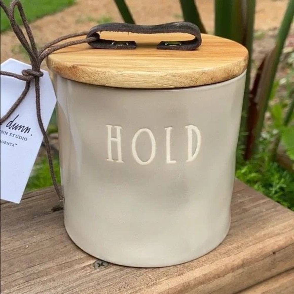 NWT Rae Dunn Beige “HOLD” Ceramic Canister Cellar with wood lid & leather handle